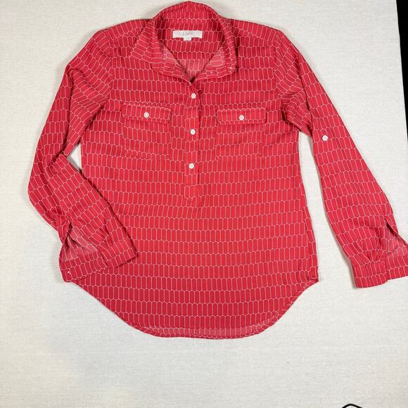 LOFT Tops - LOFT Red Geometric Print Utility Blouse Mod Inspired Long Sleeve Size S